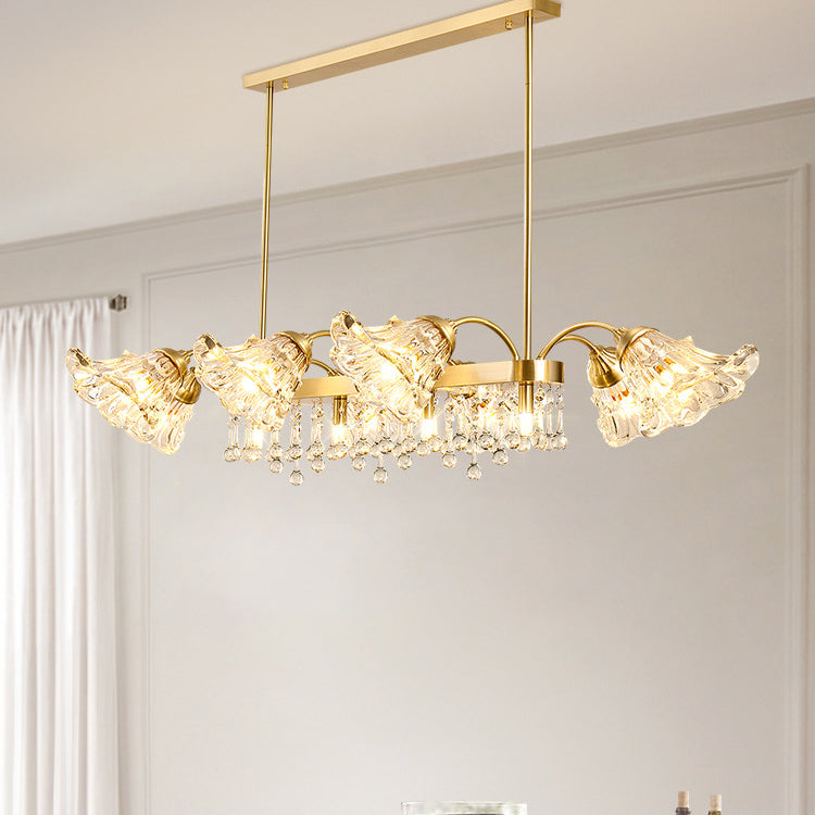 Moderne Luxus Blumenform Linear Rechteck Kupfer Glas 12-Licht Insel Licht Kronleuchter für Esszimmer 