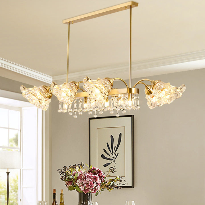 Moderne Luxus Blumenform Linear Rechteck Kupfer Glas 12-Licht Insel Licht Kronleuchter für Esszimmer 