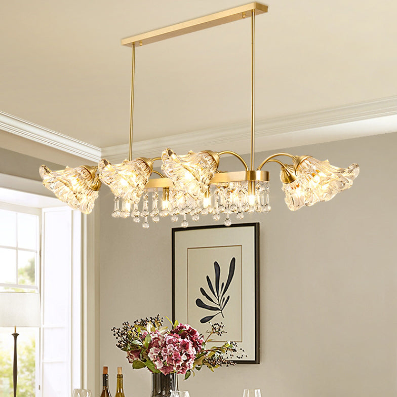Modern Luxury Flower Shape Linear Rectangle Copper Glass 12-Light Island Light Chandelier For Dining Room