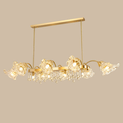 Modern Luxury Flower Shape Linear Rectangle Copper Glass 12-Light Island Light Chandelier For Dining Room