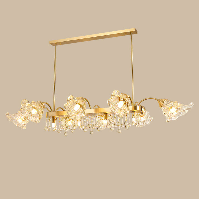 Modern Luxury Flower Shape Linear Rectangle Copper Glass 12-Light Island Light Chandelier For Dining Room