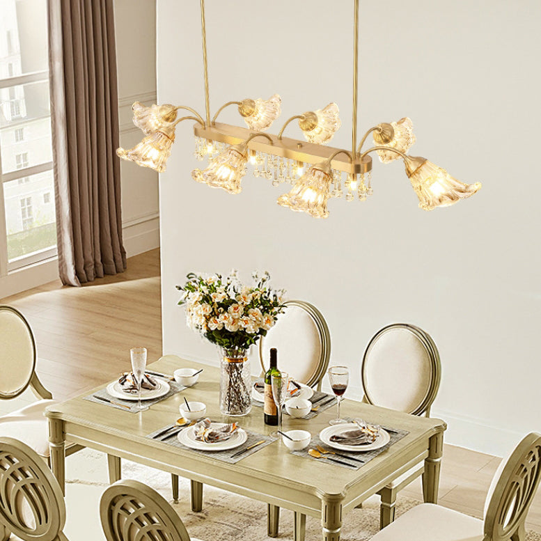 Moderne Luxus Blumenform Linear Rechteck Kupfer Glas 12-Licht Insel Licht Kronleuchter für Esszimmer 