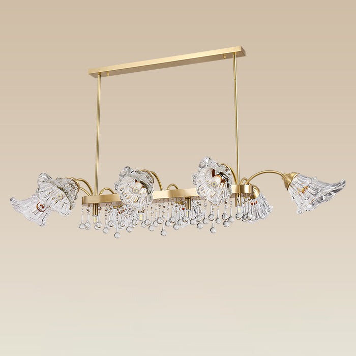 Moderne Luxus Blumenform Linear Rechteck Kupfer Glas 12-Licht Insel Licht Kronleuchter für Esszimmer 