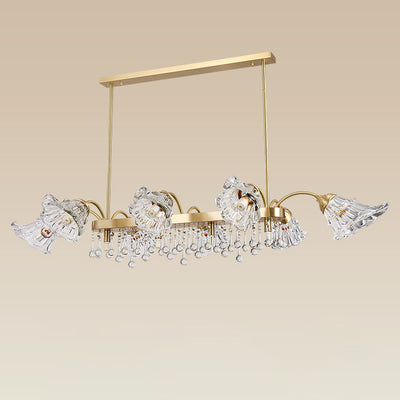 Modern Luxury Flower Shape Linear Rectangle Copper Glass 12-Light Island Light Chandelier For Dining Room