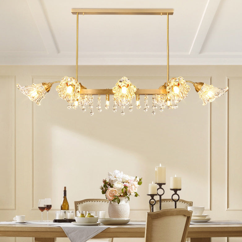 Modern Luxury Flower Shape Linear Rectangle Copper Glass 12-Light Island Light Chandelier For Dining Room