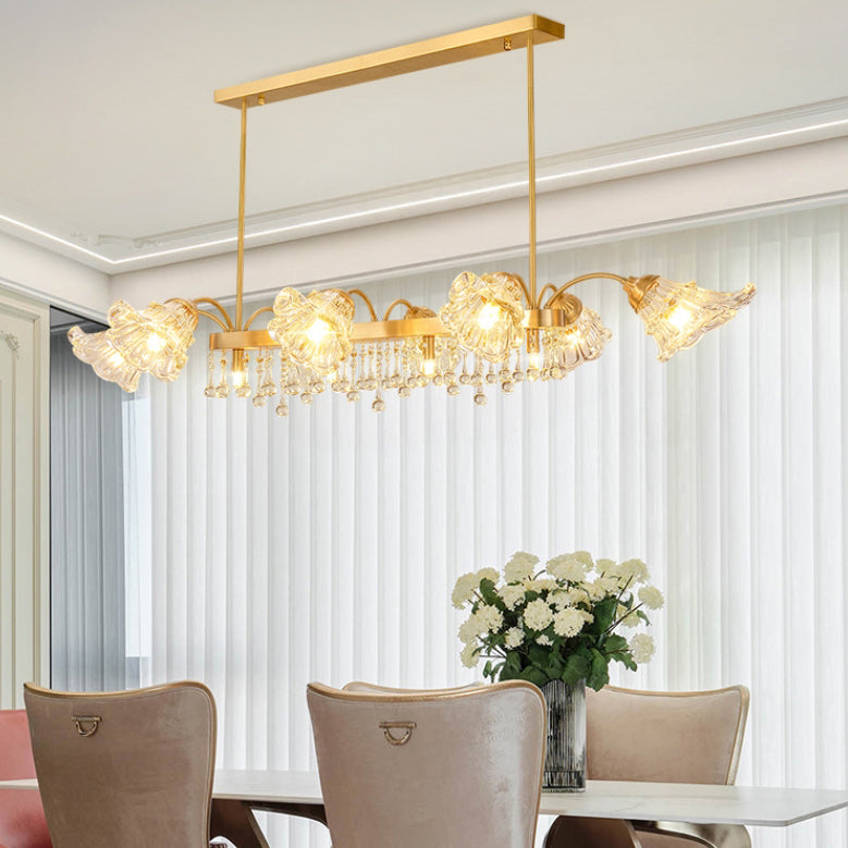 Moderne Luxus Blumenform Linear Rechteck Kupfer Glas 12-Licht Insel Licht Kronleuchter für Esszimmer 