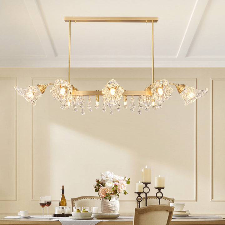 Moderne Luxus Blumenform Linear Rechteck Kupfer Glas 12-Licht Insel Licht Kronleuchter für Esszimmer 