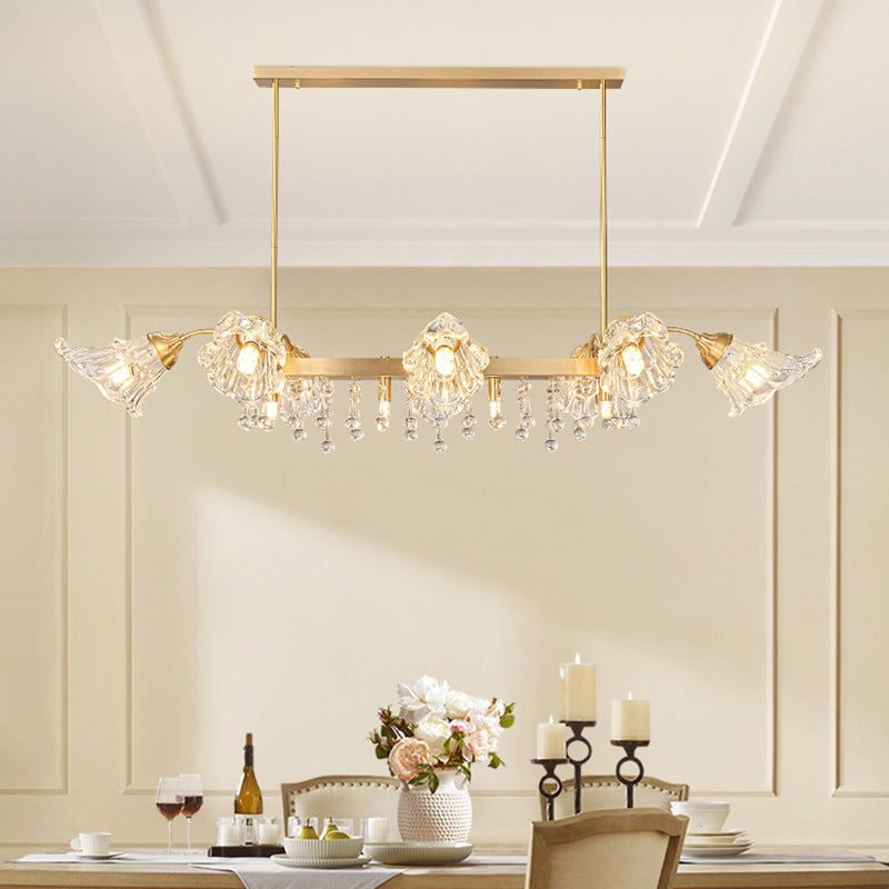 Modern Luxury Flower Shape Linear Rectangle Copper Glass 12-Light Island Light Chandelier For Dining Room