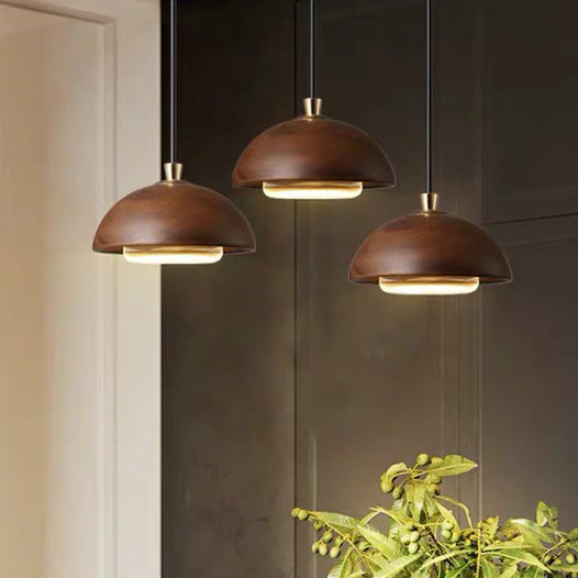 Traditional Japanese Round Semi-circle Iron Wood Glass LED Pendant Light For Dining Room
