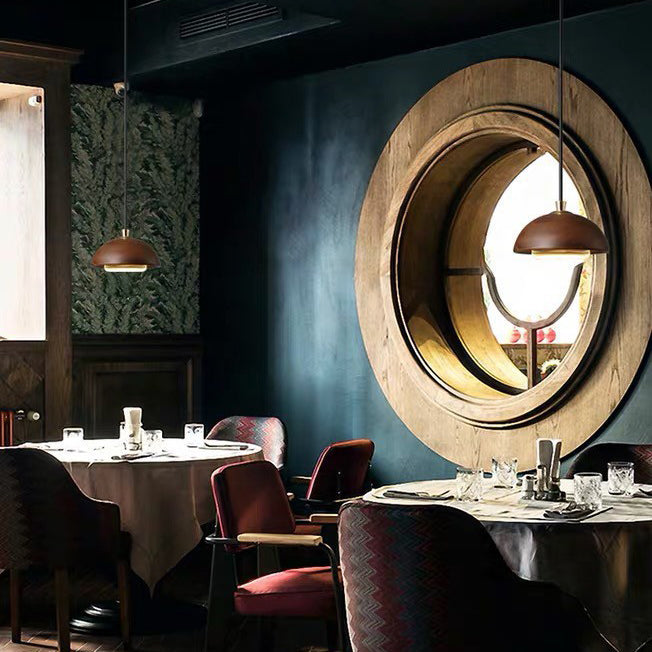 Traditional Japanese Round Semi-circle Iron Wood Glass LED Pendant Light For Dining Room