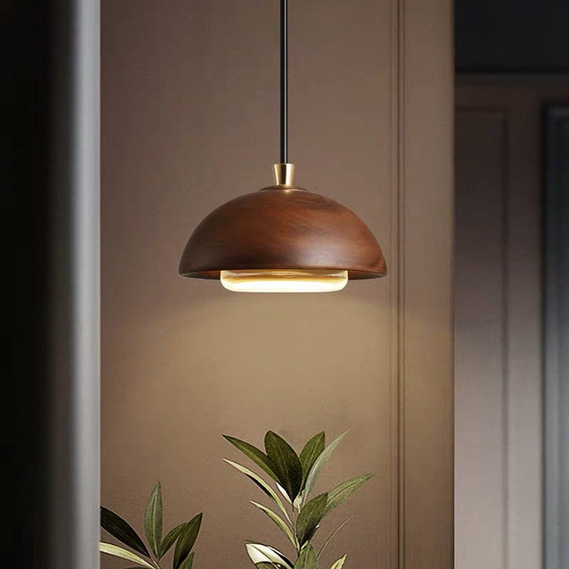 Traditional Japanese Round Semi-circle Iron Wood Glass LED Pendant Light For Dining Room