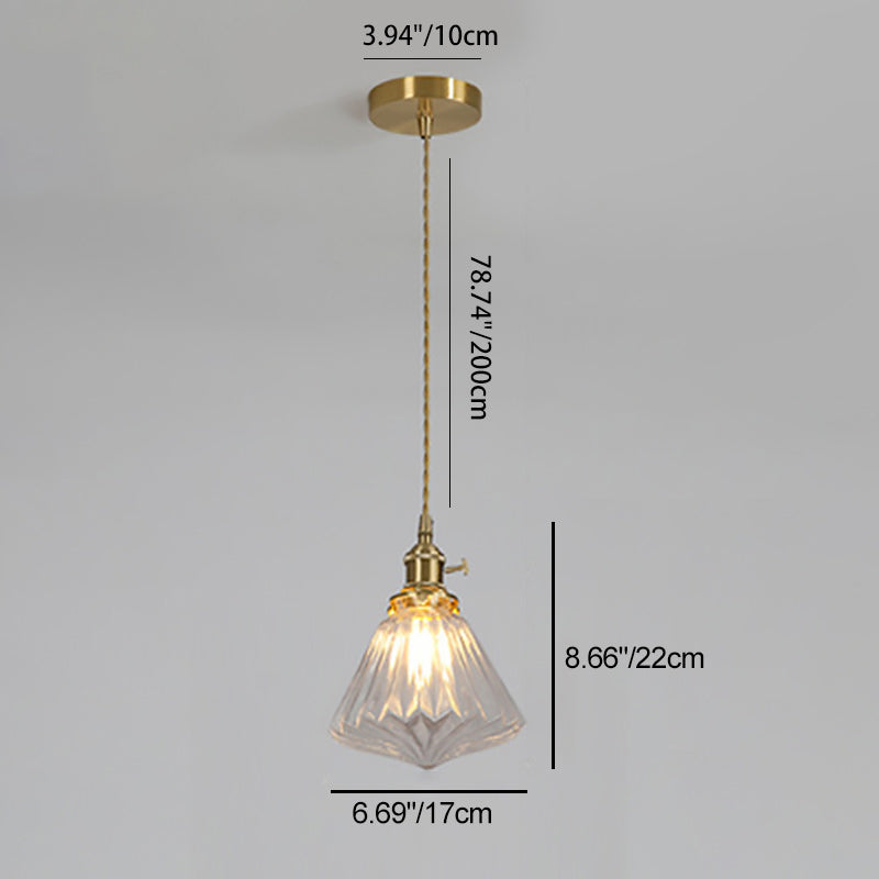 Contemporain Créatif Rond Orbe Diamant Cône Cuivre Verre Suspension 1-Lumière Pour Chambre 