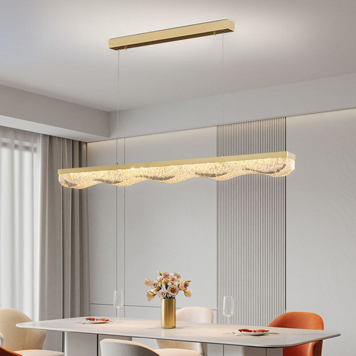 Moderne Luxus Linear Rechteck Harz Kristall Kupfer Edelstahl LED Insel Licht Kronleuchter für Esszimmer 
