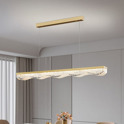 Modern Luxury Linear Rectangle Resin Crystal Copper Stainless Steel LED Island Light Chandelier For Dining Room