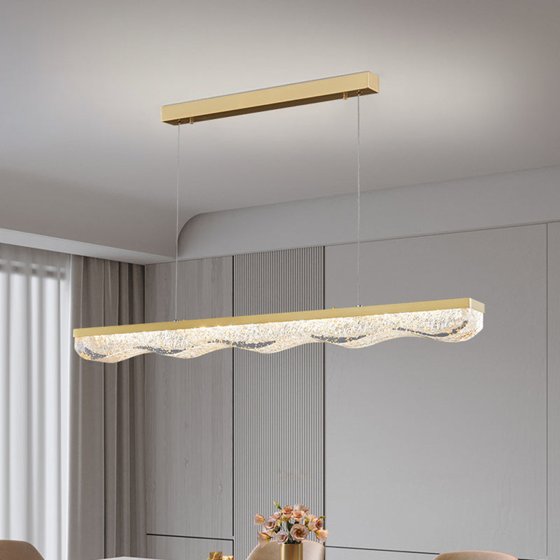 Modern Luxury Linear Rectangle Resin Crystal Copper Stainless Steel LED Island Light Chandelier For Dining Room