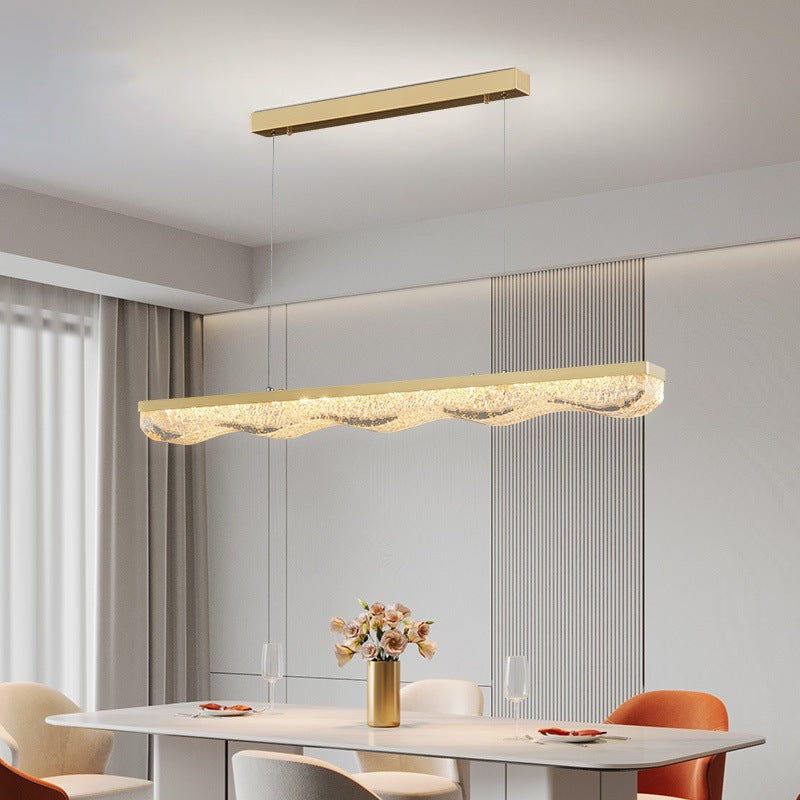 Modern Luxury Linear Rectangle Resin Crystal Copper Stainless Steel LED Island Light Chandelier For Dining Room