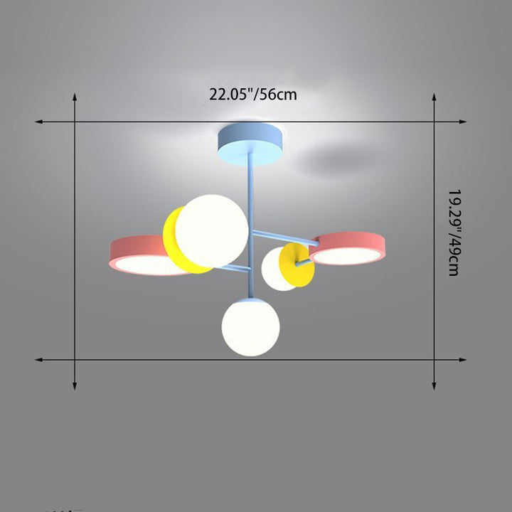 Contemporary Creative Macaron Kids Round Orb Iron Glass Aluminum LED Semi-Flush Mount Ceiling Light For Bedroom