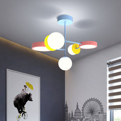 Contemporary Creative Macaron Kids Round Orb Iron Glass Aluminum LED Semi-Flush Mount Ceiling Light For Bedroom