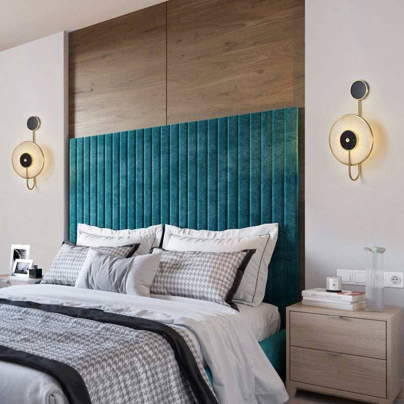 Moderne Mid-Century Runde Eisen Kupfer Marmor LED Wandleuchte für das Schlafzimmer 