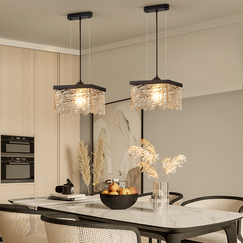 Contemporary Industrial Square Rectangle Iron Glass 1/2 Light Chandelier For Dining Room