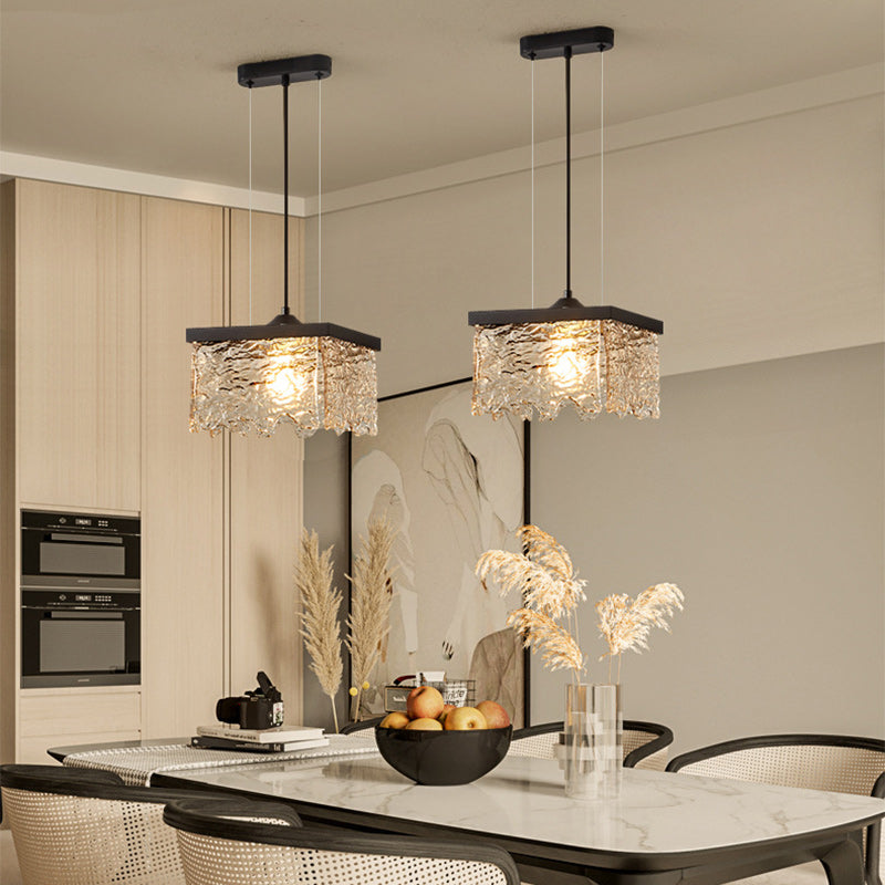 Contemporary Industrial Square Rectangle Iron Glass 1/2 Light Chandelier For Dining Room