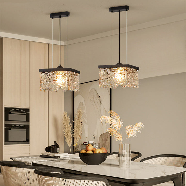 Contemporary Industrial Square Rectangle Iron Glass 1/2 Light Chandelier For Dining Room