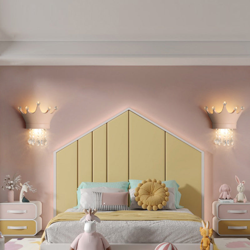 Contemporary Creative Kids Crown Semicircle Resin Crystal 2-Light Wall Sconce Lamp For Bedroom