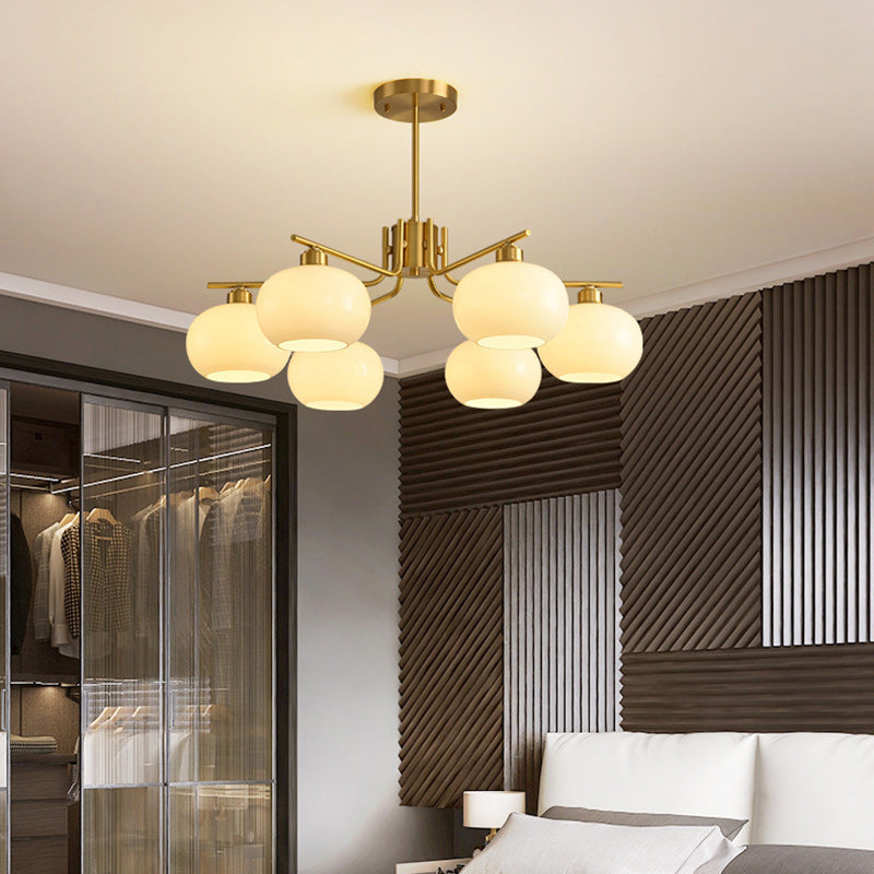 Contemporary Scandinavian Cream Persimmon Shape Round Copper Glass 3/6/8 Light Chandelier For Living Room