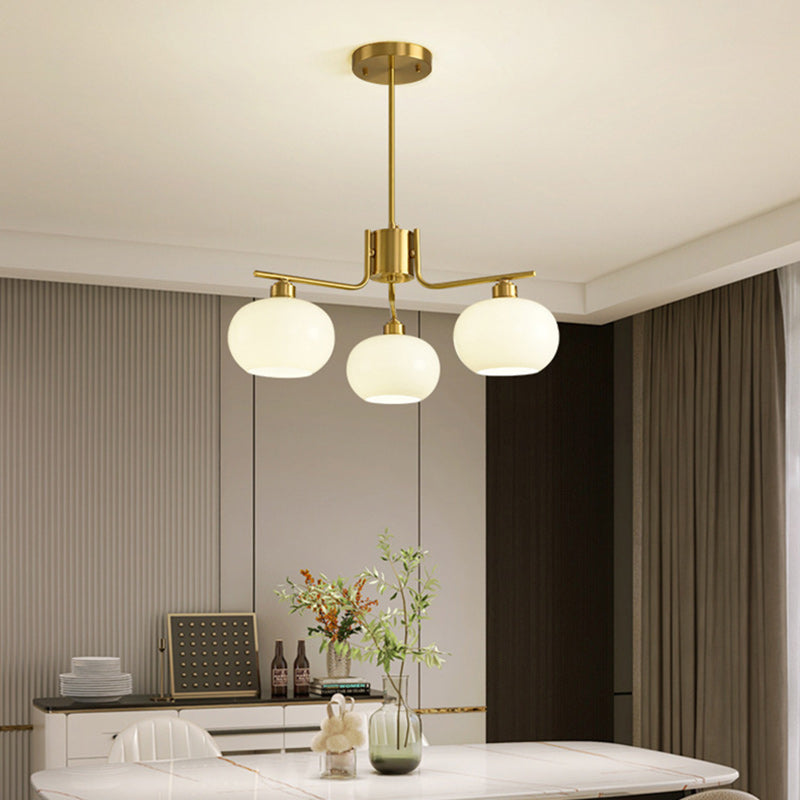 Contemporary Scandinavian Cream Persimmon Shape Round Copper Glass 3/6/8 Light Chandelier For Living Room