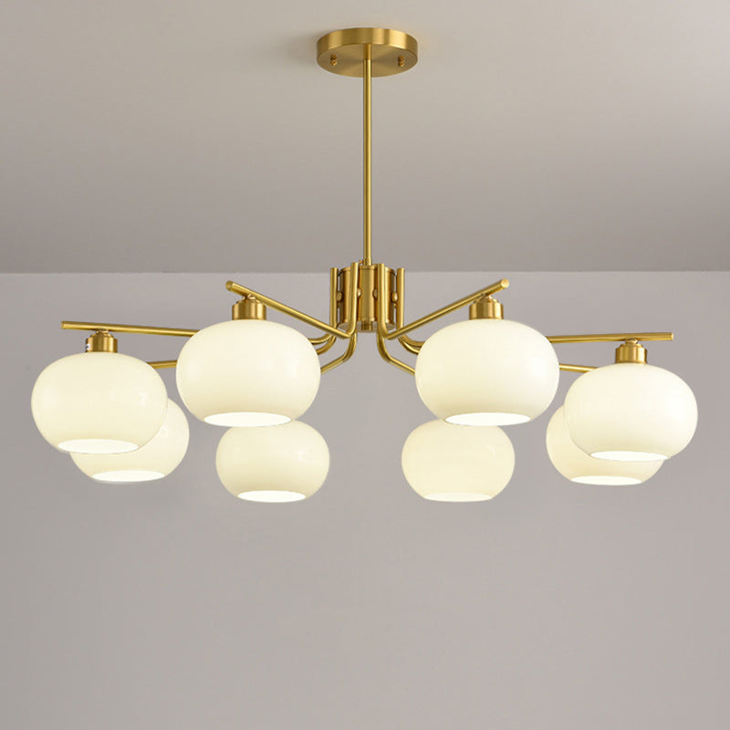 Contemporary Scandinavian Cream Persimmon Shape Round Copper Glass 3/6/8 Light Chandelier For Living Room
