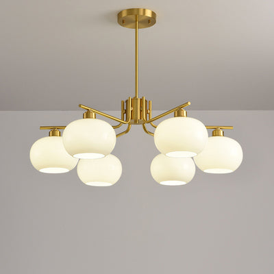 Contemporary Scandinavian Cream Persimmon Shape Round Copper Glass 3/6/8 Light Chandelier For Living Room