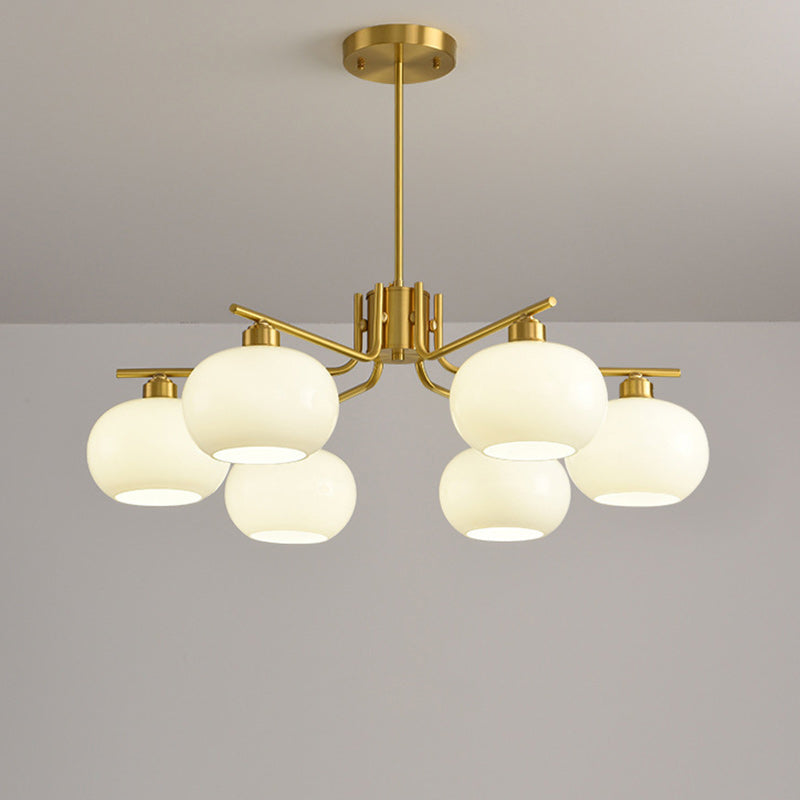 Contemporary Scandinavian Cream Persimmon Shape Round Copper Glass 3/6/8 Light Chandelier For Living Room
