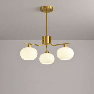 Contemporary Scandinavian Cream Persimmon Shape Round Copper Glass 3/6/8 Light Chandelier For Living Room