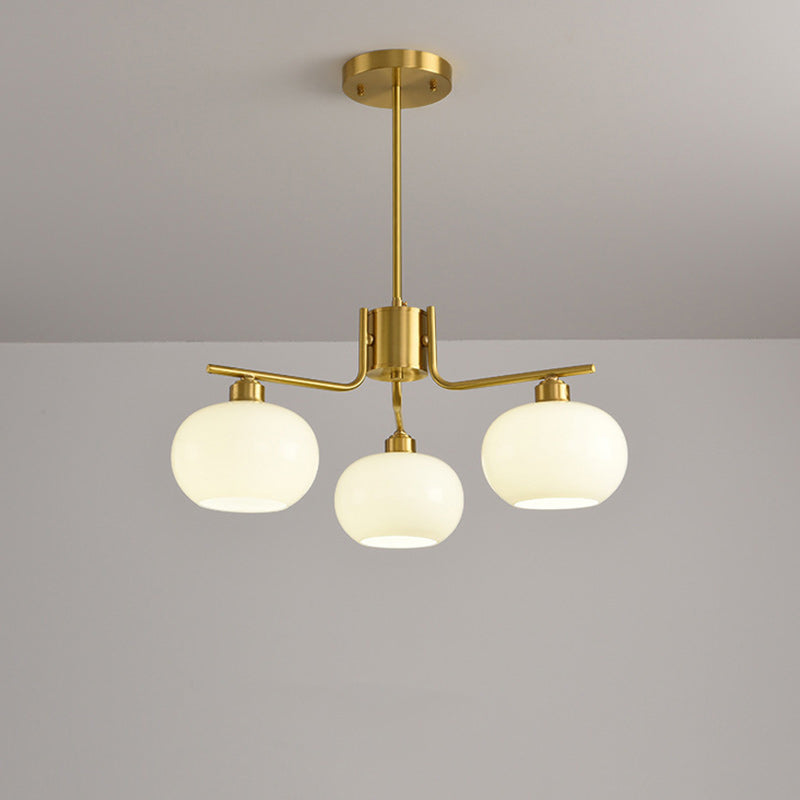 Contemporary Scandinavian Cream Persimmon Shape Round Copper Glass 3/6/8 Light Chandelier For Living Room