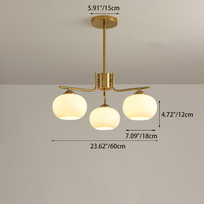 Contemporary Scandinavian Cream Persimmon Shape Round Copper Glass 3/6/8 Light Chandelier For Living Room