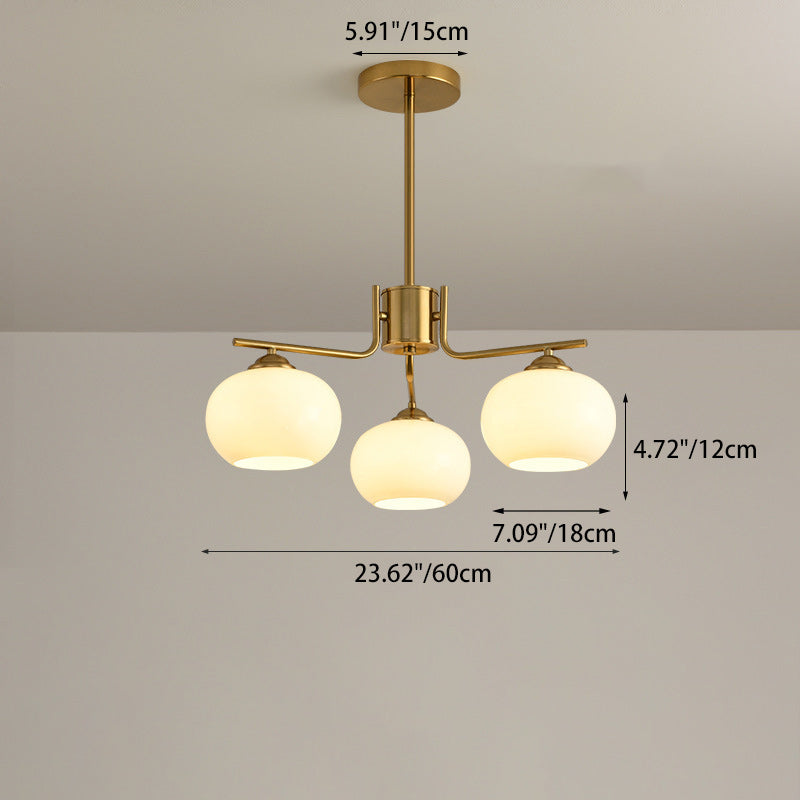 Contemporary Scandinavian Cream Persimmon Shape Round Copper Glass 3/6/8 Light Chandelier For Living Room