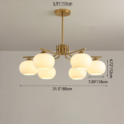 Contemporary Scandinavian Cream Persimmon Shape Round Copper Glass 3/6/8 Light Chandelier For Living Room