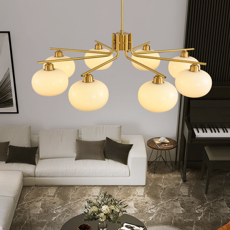 Contemporary Scandinavian Cream Persimmon Shape Round Copper Glass 3/6/8 Light Chandelier For Living Room