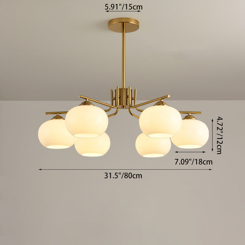 Contemporary Scandinavian Cream Persimmon Shape Round Copper Glass 3/6/8 Light Chandelier For Living Room