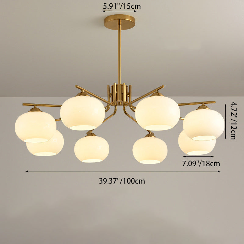 Contemporary Scandinavian Cream Persimmon Shape Round Copper Glass 3/6/8 Light Chandelier For Living Room