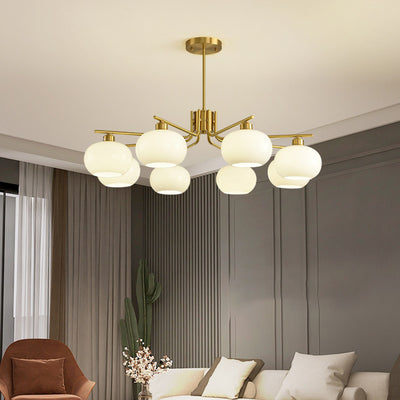 Contemporary Scandinavian Cream Persimmon Shape Round Copper Glass 3/6/8 Light Chandelier For Living Room