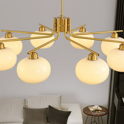 Contemporary Scandinavian Cream Persimmon Shape Round Copper Glass 3/6/8 Light Chandelier For Living Room