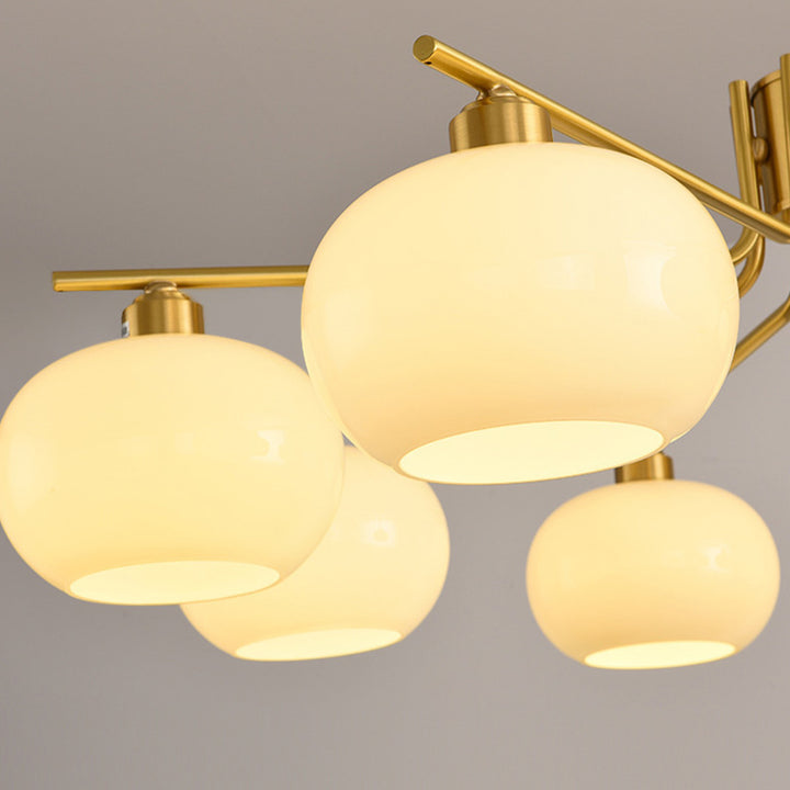 Crème Scandinave Contemporaine Forme de Kaki Rond Cuivre Verre Lustre à 3/6/8 Lumières Pour Salon 
