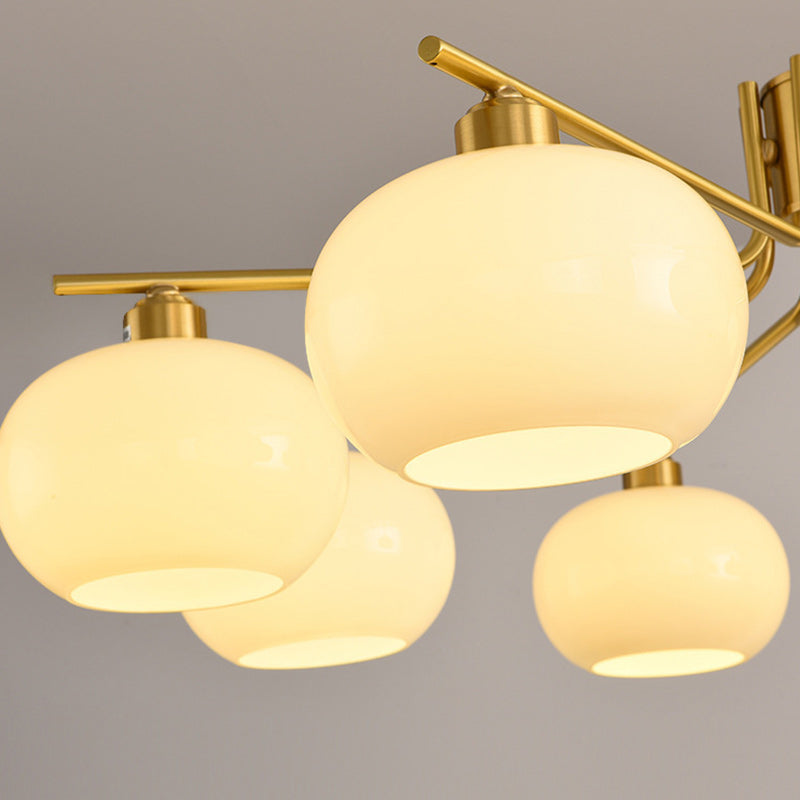 Contemporary Scandinavian Cream Persimmon Shape Round Copper Glass 3/6/8 Light Chandelier For Living Room