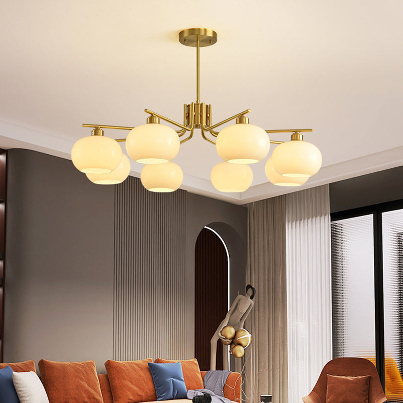Contemporary Scandinavian Cream Persimmon Shape Round Copper Glass 3/6/8 Light Chandelier For Living Room
