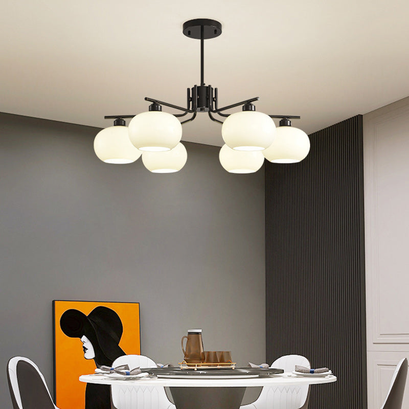 Contemporary Scandinavian Cream Persimmon Shape Round Copper Glass 3/6/8 Light Chandelier For Living Room