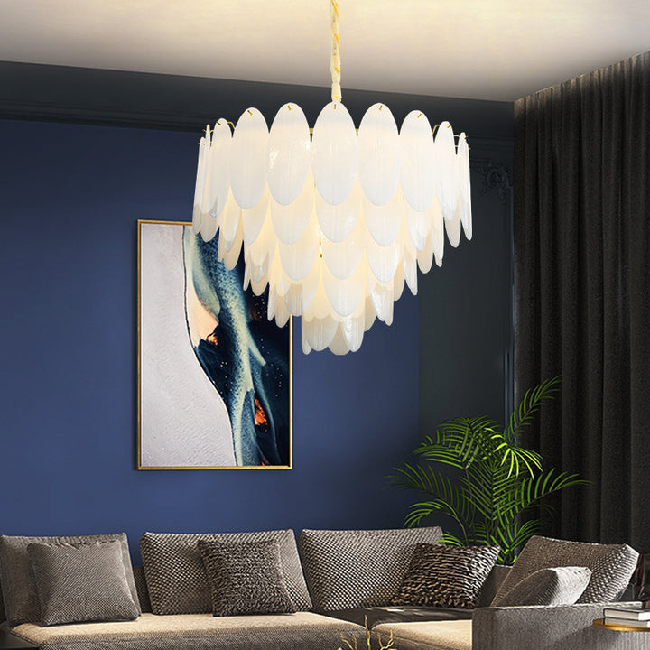 Zeitgenössischer nordischer Muschel-Oval-Rund-Eisen-Glas 7/11/16 Licht-Kronleuchter für Wohnzimmer 