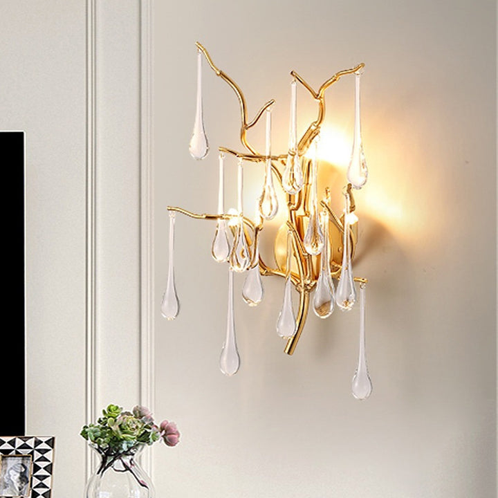 Modern Art Deco Tree Branch Colorful Water Drops Aluminum Glass 3-Light Wall Sconce Lamp For Bedroom