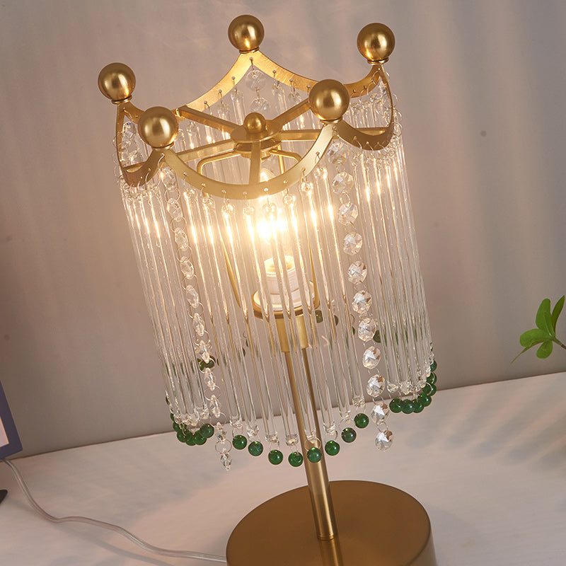 Traditional French Tassel Round Cylinder Metal Glass 1-Light Table Lamp For Bedroom
