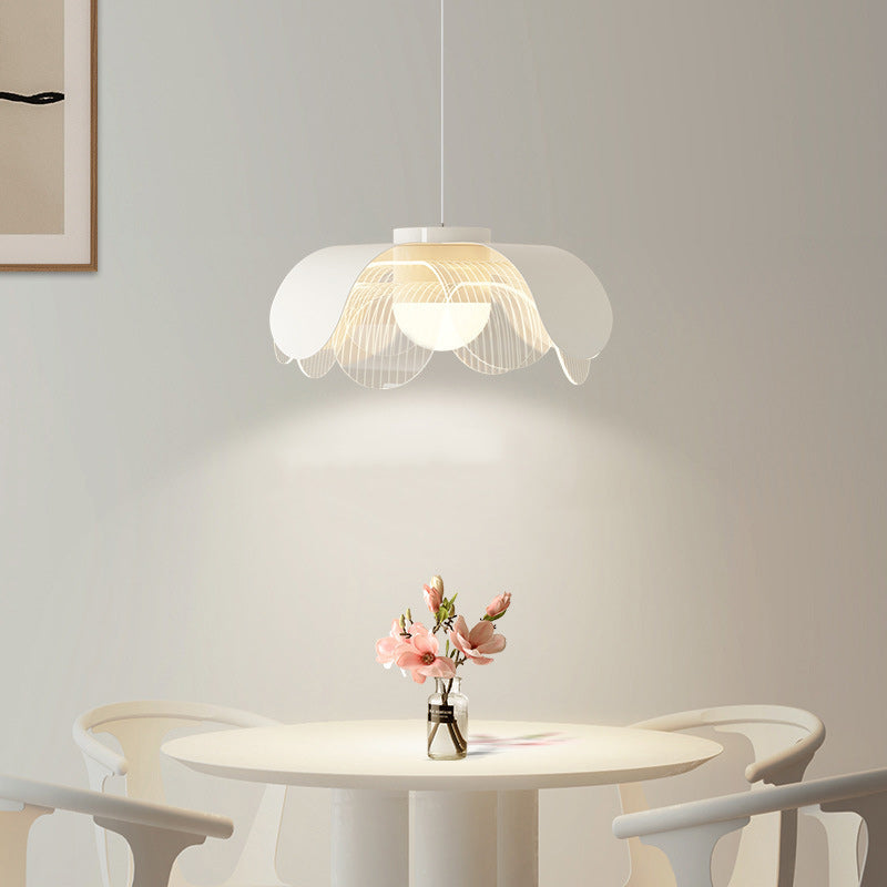 Contemporary Scandinavian Cream Flower Round Iron Acrylic LED Pendant Light For Dining Room